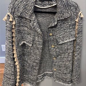 Zara Black and Cream Tweed Blazer with Tassels